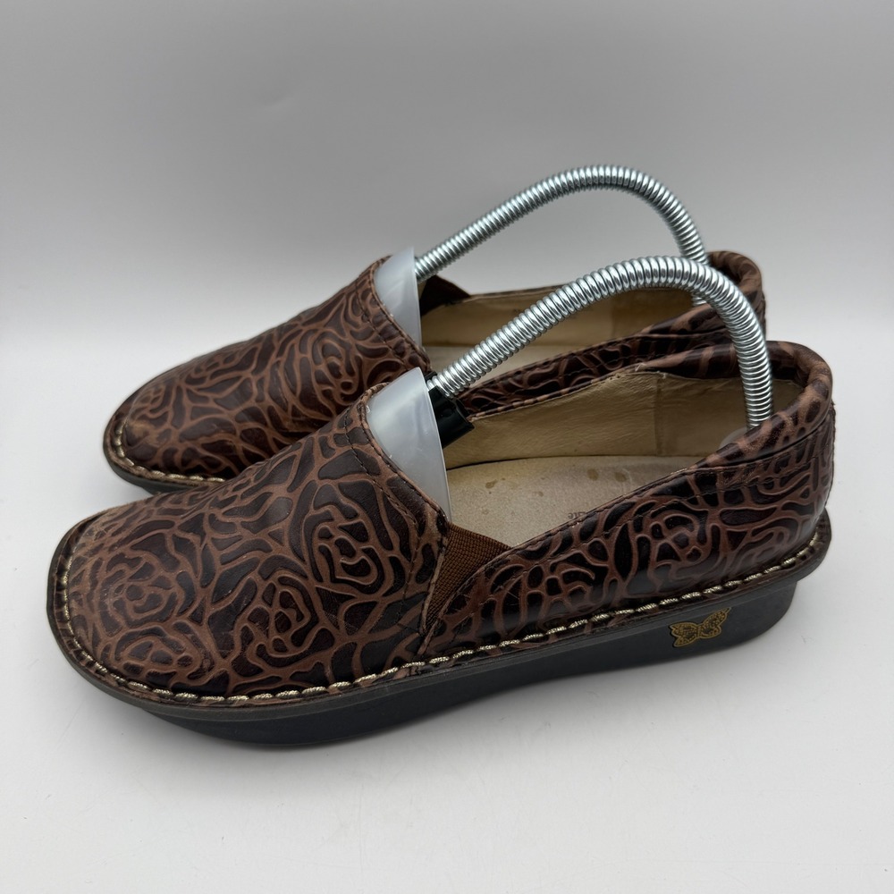 Alegria Debra Slip On Clogs Womens 38 US 8-8.5 Brown Rose Debossed Leather